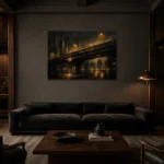 Midnight Overpass Black & Gold Wall Art Canvas Print shown in a warm modern interior