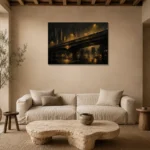 Midnight Overpass Black & Gold Wall Art Canvas Print presented in a sophisticated home setting