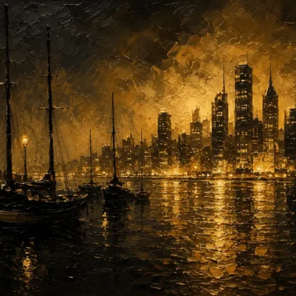 Harbor Skyline Black & Gold Wall Art Canvas Print