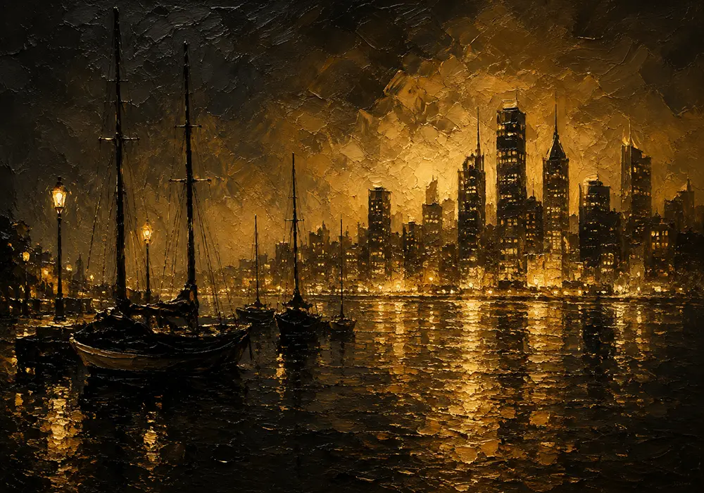 Harbor Skyline Black & Gold Wall Art Canvas Print