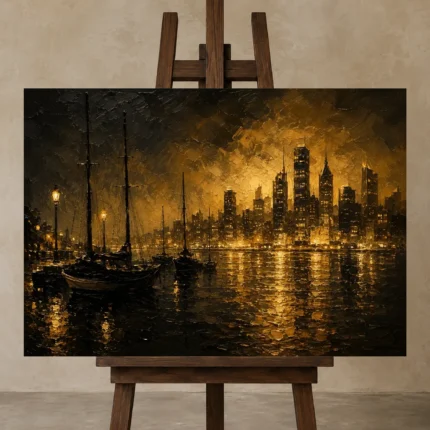Harbor Skyline Black & Gold Wall Art Canvas Print shown in Studio Easel