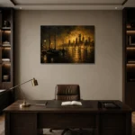 Harbor Skyline Black & Gold Wall Art Canvas Print displayed in a contemporary gallery-inspired room