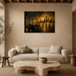 Harbor Skyline Black & Gold Wall Art Canvas Print presented in a sophisticated home setting