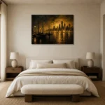 Harbor Skyline Black & Gold Wall Art Canvas Print showcased in an elegant minimalist interior