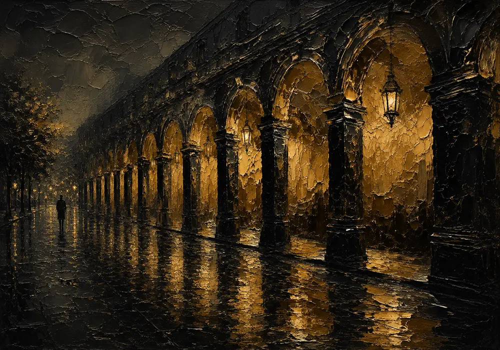 Arcaded Promenade Black & Gold Wall Art Canvas Print