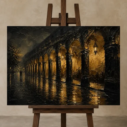 Arcaded Promenade Black & Gold Wall Art Canvas Print shown in Studio Easel