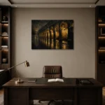 Arcaded Promenade Black & Gold Wall Art Canvas Print displayed in a contemporary gallery-inspired room