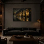 Arcaded Promenade Black & Gold Wall Art Canvas Print shown in a warm modern interior