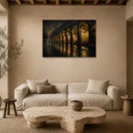 Arcaded Promenade Black & Gold Wall Art Canvas Print presented in a sophisticated home setting
