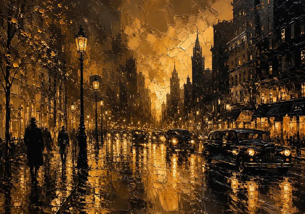 Vintage Taxi Boulevard Black & Gold Wall Art Canvas Print