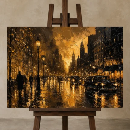 Vintage Taxi Boulevard Black & Gold Wall Art Canvas Print displayed on a studio easel