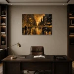Vintage Taxi Boulevard Black & Gold Wall Art Canvas Print displayed in a contemporary gallery-inspired room