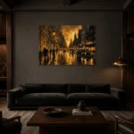 Vintage Taxi Boulevard Black & Gold Wall Art Canvas Print shown in a warm modern interior