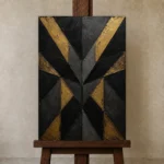 Geometric Facet Black & Gold Wall Art Canvas Print displayed on a studio easel