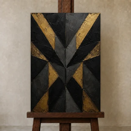 Geometric Facet Black & Gold Wall Art Canvas Print shown in Studio Easel