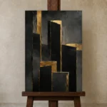 Architectural Threshold Black & Gold Wall Art Canvas Print displayed on a studio easel
