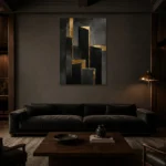 Architectural Threshold Black & Gold Wall Art Canvas Print shown in a warm modern interior
