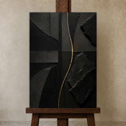 Golden Rift Abstract Black & Gold Wall Art Canvas Print shown in Studio Easel