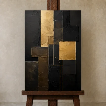 Gilded Geometry Blocks Black & Gold Wall Art Canvas Print shown in Studio Easel