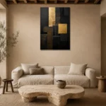 Gilded Geometry Blocks Black & Gold Wall Art Canvas Print presented in a sophisticated home setting
