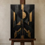 Art Deco Eclipse Black & Gold Wall Art Canvas Print displayed on a studio easel
