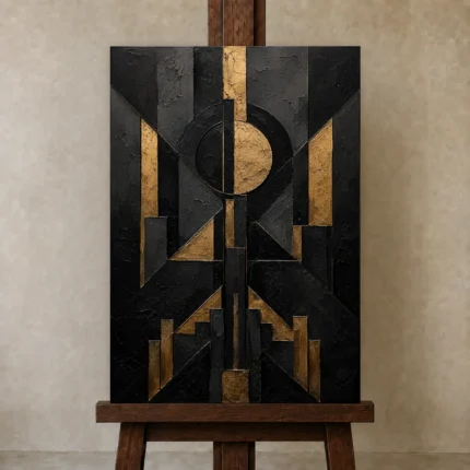 Art Deco Eclipse Black & Gold Wall Art Canvas Print shown in Studio Easel