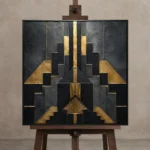 Art Deco Sunburst Black & Gold Wall Art Canvas Print displayed on a studio easel