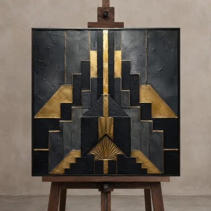 Art Deco Sunburst Black & Gold Wall Art Canvas Print shown in Studio Easel