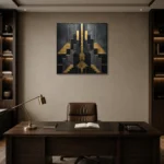 Art Deco Sunburst Black & Gold Wall Art Canvas Print displayed in a contemporary gallery-inspired room