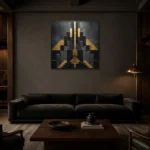 Art Deco Sunburst Black & Gold Wall Art Canvas Print shown in a warm modern interior