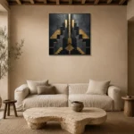 Art Deco Sunburst Black & Gold Wall Art Canvas Print presented in a sophisticated home setting
