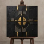 Gilded Orbit Black & Gold Wall Art Canvas Print displayed on a studio easel