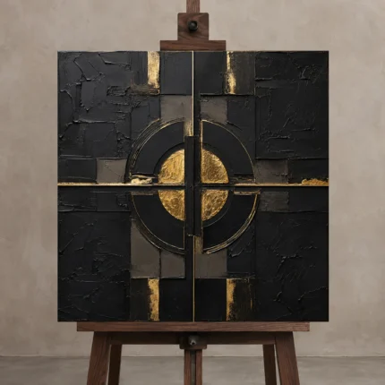 Gilded Orbit Black & Gold Wall Art Canvas Print shown in Studio Easel