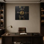 Gilded Orbit Black & Gold Wall Art Canvas Print displayed in a contemporary gallery-inspired room