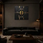 Gilded Orbit Black & Gold Wall Art Canvas Print shown in a warm modern interior