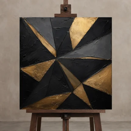 Angular Prism Black & Gold Wall Art Canvas Print shown in Studio Easel