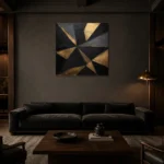 Angular Prism Black & Gold Wall Art Canvas Print shown in a warm modern interior