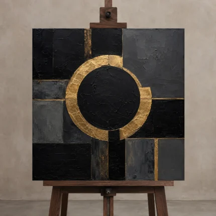 Golden Halo Geometry Black & Gold Wall Art Canvas Print shown in Studio Easel