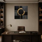 Golden Halo Geometry Black & Gold Wall Art Canvas Print displayed in a contemporary gallery-inspired room