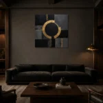 Golden Halo Geometry Black & Gold Wall Art Canvas Print shown in a warm modern interior
