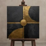 Gilded Axis Geometry Black & Gold Wall Art Canvas Print displayed on a studio easel