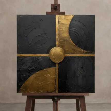 Gilded Axis Geometry Black & Gold Wall Art Canvas Print shown in Studio Easel