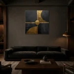Gilded Axis Geometry Black & Gold Wall Art Canvas Print shown in a warm modern interior