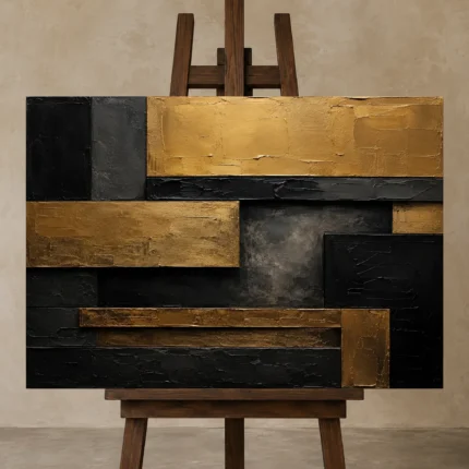 Gilded Linear Blocks Black & Gold Wall Art Canvas Print shown in Studio Easel