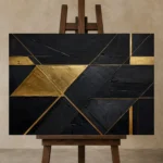 Diagonal Gilded Planes Black & Gold Wall Art Canvas Print displayed on a studio easel