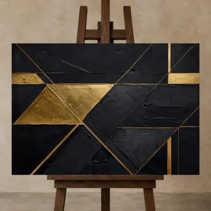 Diagonal Gilded Planes Black & Gold Wall Art Canvas Print shown in Studio Easel