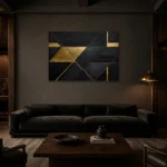 Diagonal Gilded Planes Black & Gold Wall Art Canvas Print shown in a warm modern interior