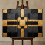Symmetric Gilded Grid Black & Gold Wall Art Canvas Print displayed on a studio easel
