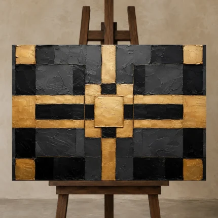 Symmetric Gilded Grid Black & Gold Wall Art Canvas Print displayed on a studio easel