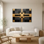 Symmetric Gilded Grid Black & Gold Wall Art Canvas Print styled in a refined neutral interior